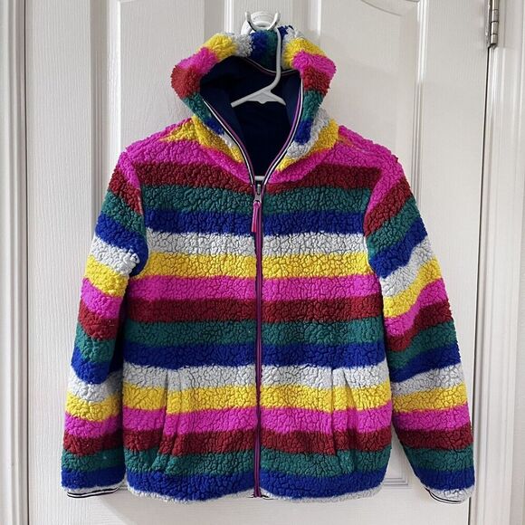 Mini Boden Rainbow Striped Cosy Reversible Fleece Hoodie Jacket Girls Size 11-12 - Picture 1 of 12